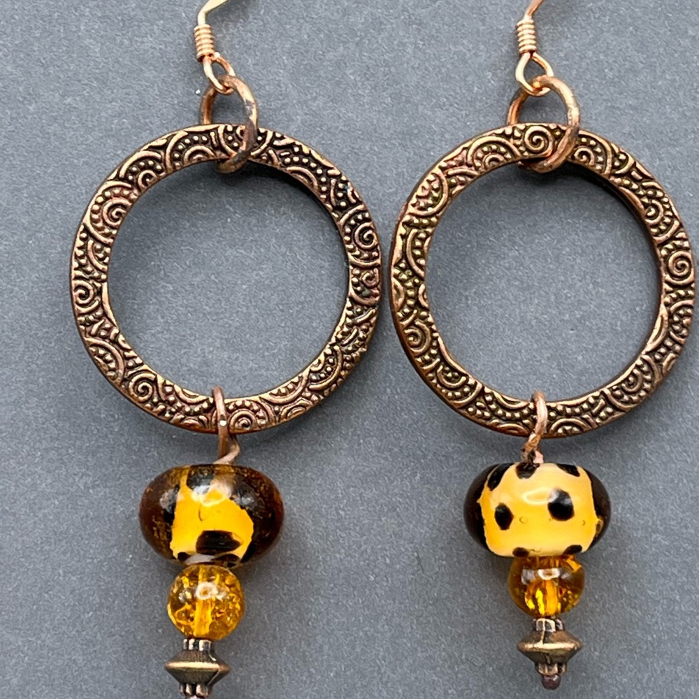 Elegant Ornate Copper Hoop Dangle Earrings-Leopard Print Glass Beads